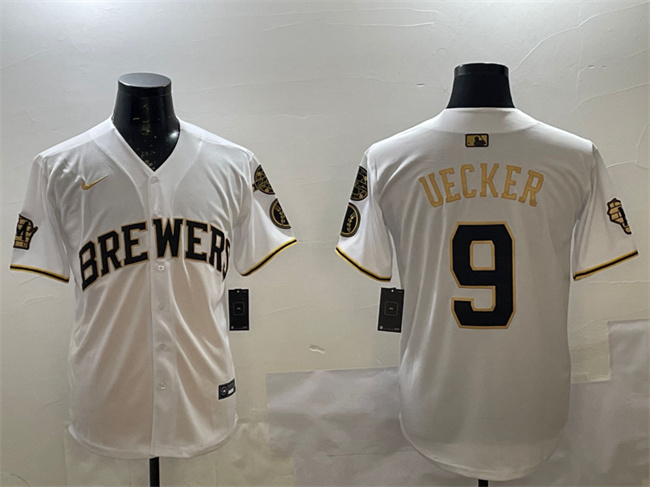 Milwaukee Brewers #9 Bob Uecker White Gold With Home Patch Limited Stitched Jersey - Zenithce