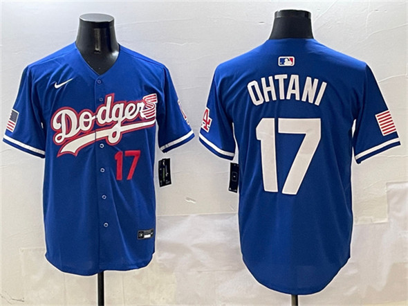 Los Angeles Dodgers #17 Shohei Ohtani Royal With American Flag Patch Limited Stitched Jersey - Zenithce