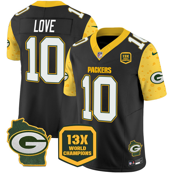 Green Bay Packers #10 Jordan Love Black 2024 F.U.S.E. 13 Time World Champions And Home Patch Vapor Untouchable Limited Stitched Jersey - Zenithce