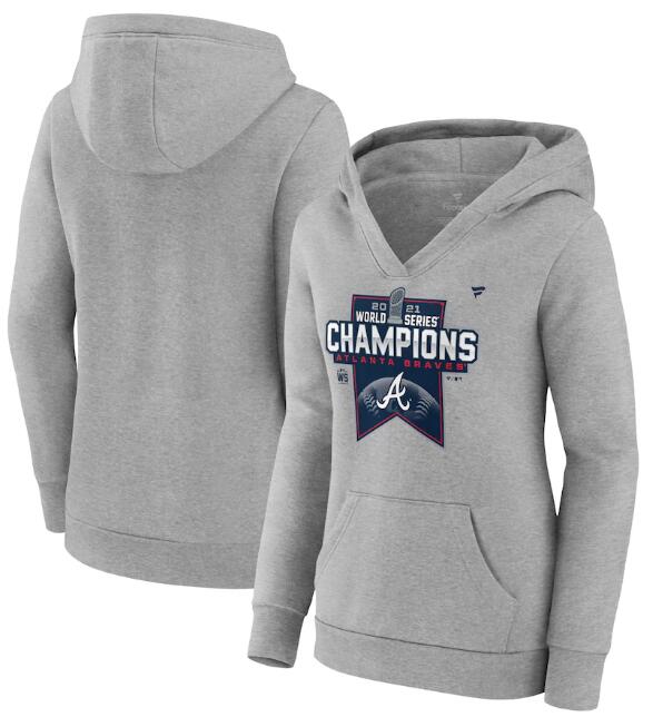 Women's Atlanta Braves 2021 Heathered Gray World Series Champions Locker Room Crossover Neck Pullover Hoodie(Run Small) - Zenithce