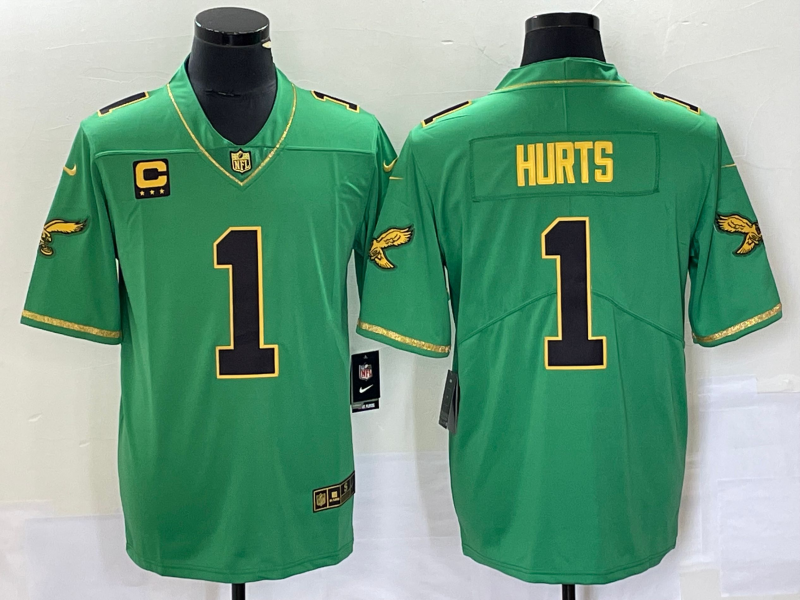 Philadelphia Eagles #1 Jalen Hurts Green Gold Vapor Limited With C Patch Stitched Jersey - Zenithce