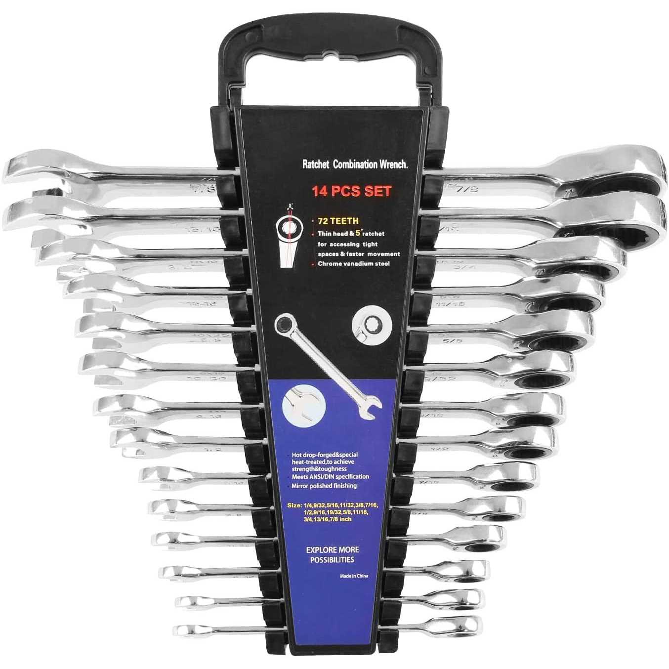Prostormer 14-Piece Ratcheting Wrench Set SAE 1/4-7/8 Chrome Vanadium Steel Flex Head Combination Wrench Set with Wrench Rack - Zenithce