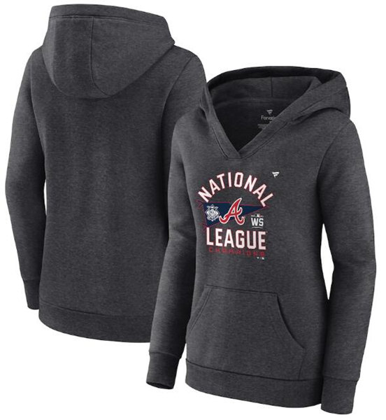 Women's Atlanta Braves 2021 Heathered Charcoal American League Champions Locker Room Pullover Hoodie(Run Small) - Zenithce