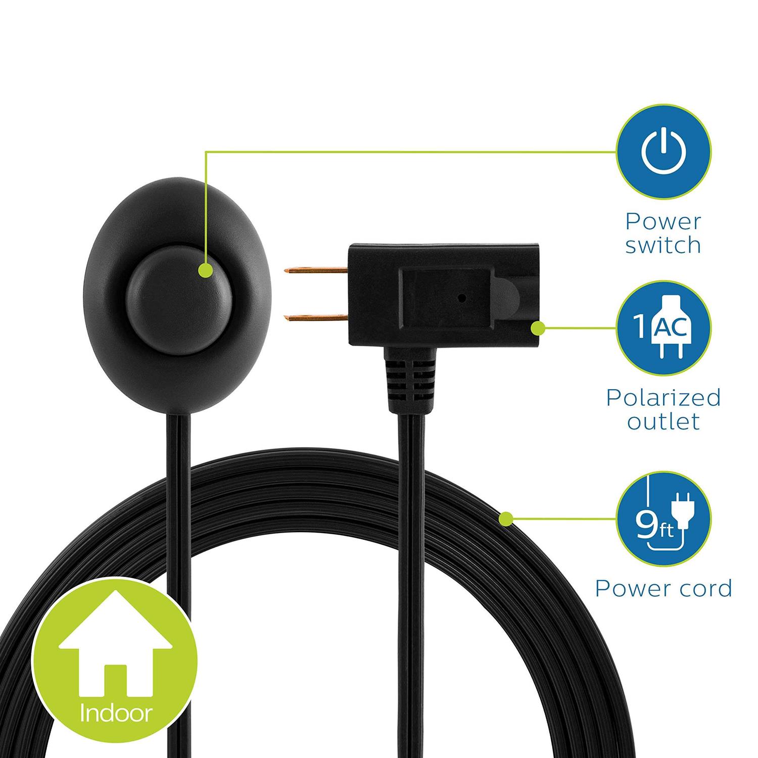 Philips Accessories Grounded Plug with Braided Cord, 6 Ft Long Power Cable, ON/Off Switch, for Tabletop or Wall Mount - Zenithce