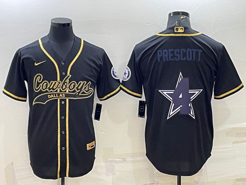 Dallas Cowboys #4 Dak Prescott Black Gold Team Big Logo With Patch Cool Base Stitched Baseball Jersey - Zenithce