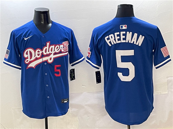 Los Angeles Dodgers #5 Freddie Freeman Royal With American Flag Patch Limited Stitched Jersey - Zenithce