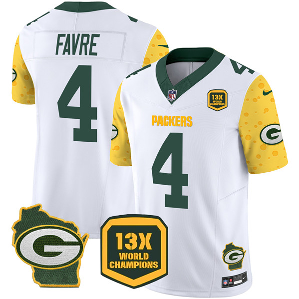 Green Bay Packers #4 Brett Favre White 2024 F.U.S.E. 13 Time World Champions And Home Patch Vapor Untouchable Limited Stitched Jersey - Zenithce