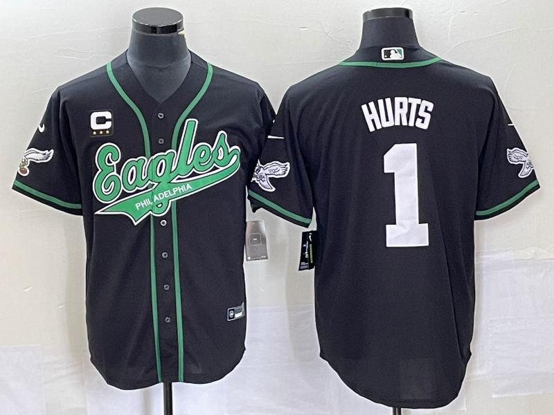 Philadelphia Eagles #1 Jalen Hurts Black With C Patch Cool Base Stitched Jersey - Zenithce