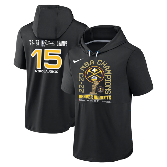 Denver Nuggets #15 Nikola Jokic Black 2022-23 Champions Performance Short Sleeve Pullover Hoodie - Zenithce