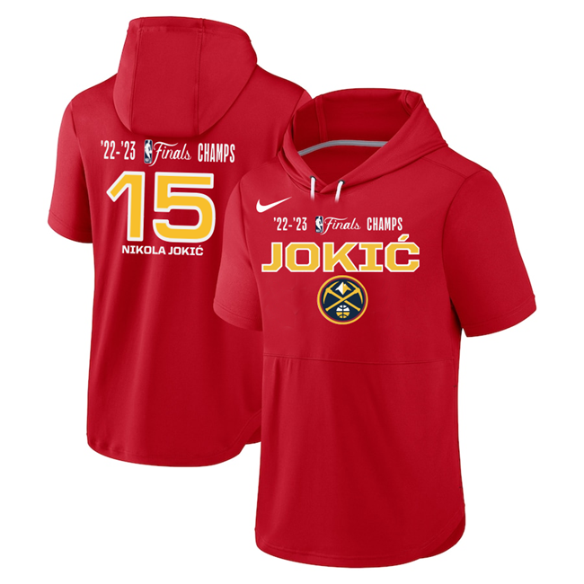 Denver Nuggets #15 Nikola Jokic Red Performance Short Sleeve Pullover Hoodie - Zenithce