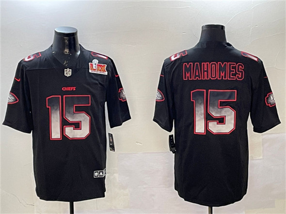 Kansas City Chiefs #15 Patrick Mahomes Black 2025 Super Bowl LIX Patch Smoke Fashion Vapor Limited Stitched Jersey - Zenithce