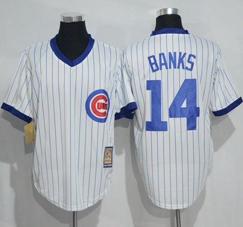 Cubs #14 Ernie Banks White Strip Home Cooperstown Stitched Jersey - Zenithce