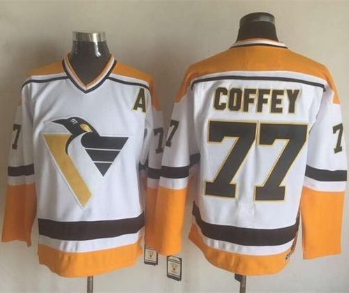 Penguins #77 Paul Coffey White Yellow CCM Throwback Stitched Jersey - Zenithce