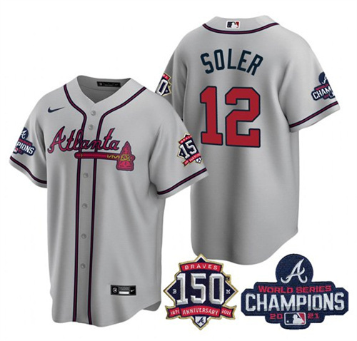 Atlanta Braves #12 Jorge Soler 2021 Gray World Series Champions With 150th Anniversary Patch Cool Base Stitched Jersey - Zenithce