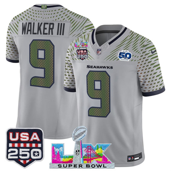 Seattle Seahawks #9 Kenneth Walker III Gray 2025 F.U.S.E. Super Bowl LX US 250th anniversary Patch And 50th Season Patch “Rivalries” Vapor Limited Stitched Jersey - Zenithce