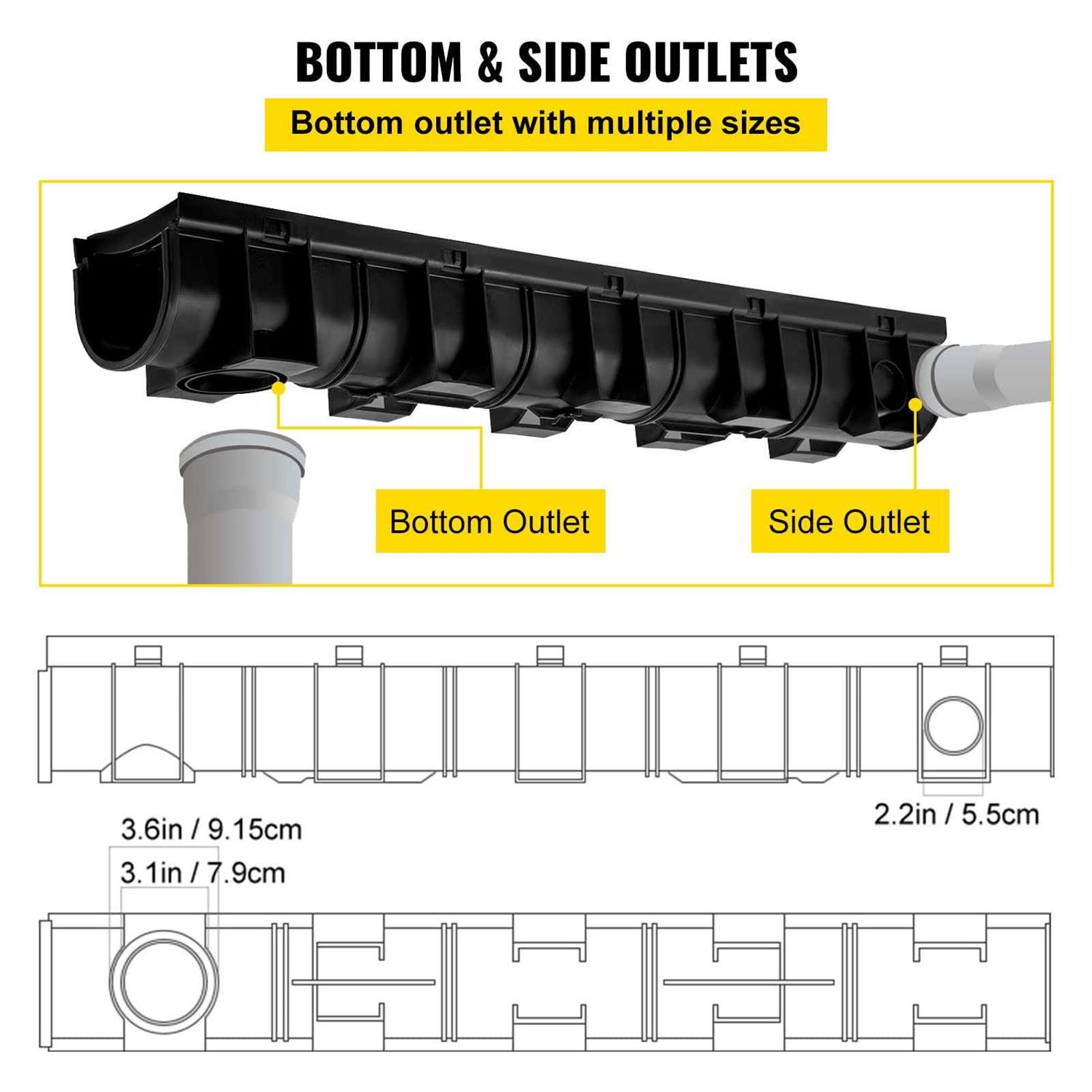 VEVOR Trench Drain System Channel Drain with Plastic Grate 5.9×5.1 6×39 Trench Drain Grate with 6 End Caps Driveway-6 Pack PSLGM10010062P7QMV0 - Zenithce