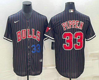 Chicago Bulls #33 Scottie Pippen Number Black With Patch Cool Base Stitched Baseball Jersey - Zenithce