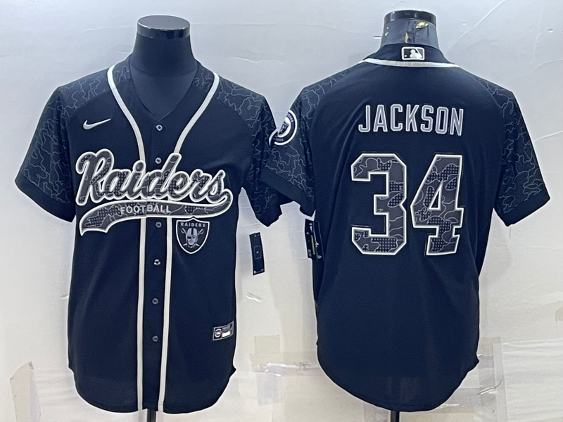 Las Vegas Raiders #34 Bo Jackson Black Reflective With Patch Cool Base Stitched Baseball Jersey - Zenithce