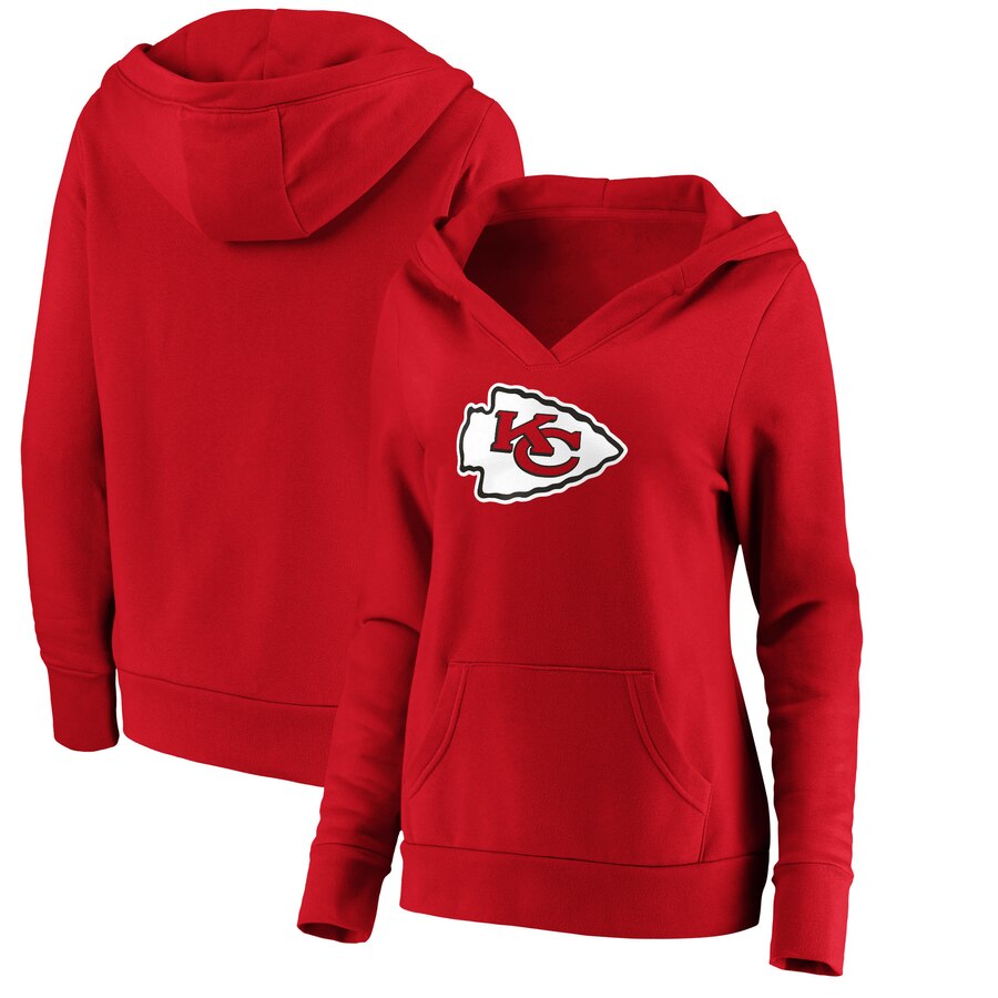 Women's Kansas City Chiefs Red Primary Team Logo V-Neck Pullover Hoodie(Run Small) - Zenithce