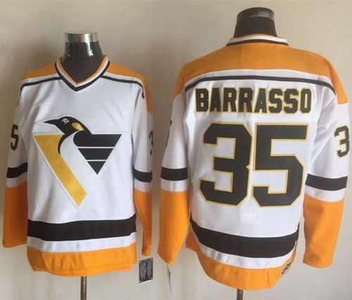 Penguins #35 Tom Barrasso White Yellow CCM Throwback Stitched Jersey - Zenithce