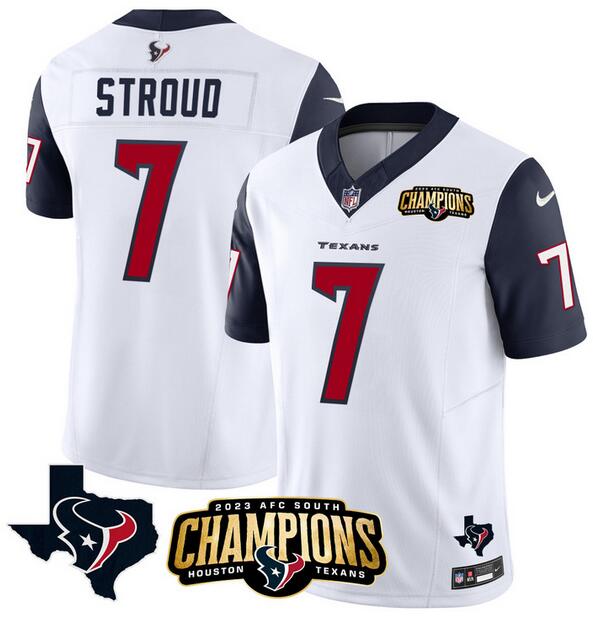 Houston Texans #7 C.J. Stroud White Navy 2023 F.U.S.E. AFC South Champions Patch And Team Logo Patch Vapor Untouchable Limited Stitched Jersey - Zenithce