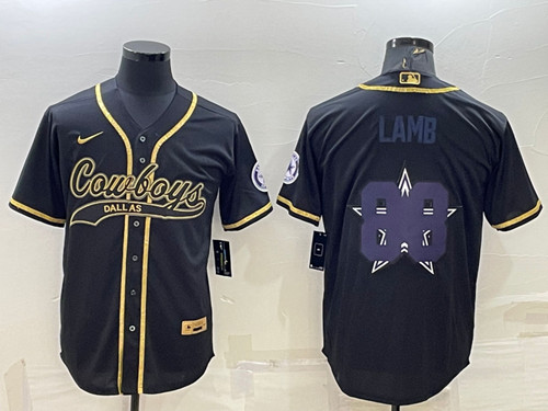 Dallas Cowboys #88 CeeDee Lamb Black Gold Team Big Logo With Patch Cool Base Stitched Baseball Jersey - Zenithce