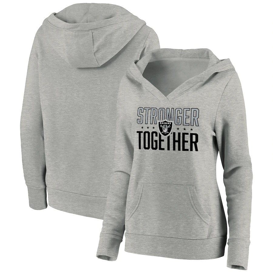 Women's Las Vegas Raiders Heather Gray Stronger Together Crossover Neck Pullover Hoodie(Run Small) - Zenithce