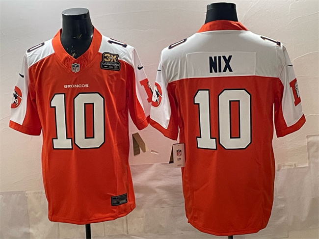 Denver Broncos #10 Bo Nix Orange 2024 F.U.S.E. With 3-Time Champions Patch Throwback Vapor Limited Alternate Stitched Jersey - Zenithce