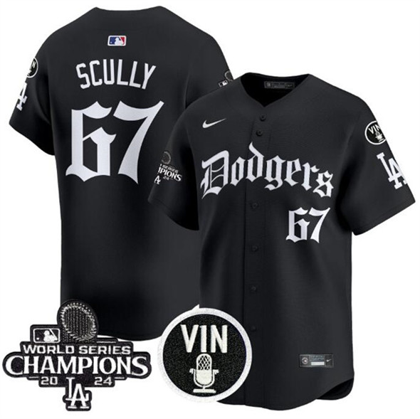 Los Angeles Dodgers #67 Vin Scully Black Mexico 2025 LA Gothic Style With Vin And 2024 World Series Champions Patch Vapor Premier Limited Stitched Jersey - Zenithce