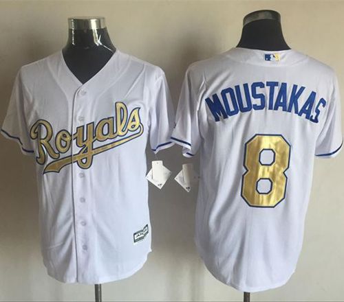 Royals #8 Mike Moustakas White New Cool Base 2015 World Series Champions Gold Program Stitched Jersey - Zenithce