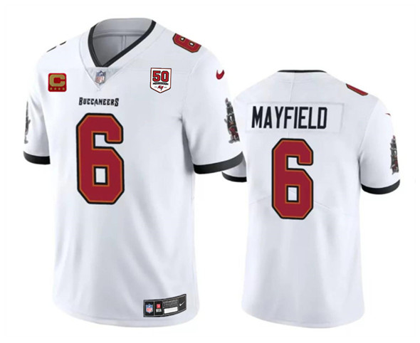Tampa Bay Buccaneers #6 Baker Mayfield White 2025 50th Anniversary Patch And 4-Star C Patch Vapor Untouchable Limited Football Stitched Jersey - Zenithce