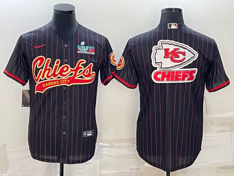 Kansas City Chiefs Black Team Big Logo With Super Bowl LVII Patch Cool Base Stitched Baseball Jersey - Zenithce