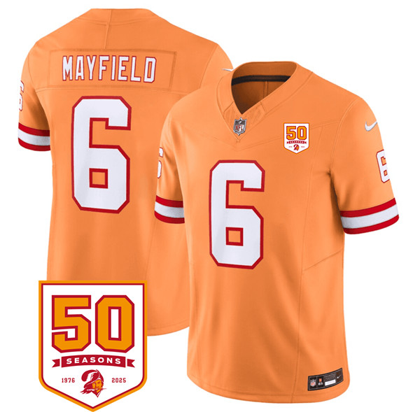 Tampa Bay Buccaneers #6 Baker Mayfield Orange 2025 F.U.S.E. 50th Anniversary Patch Vapor Untouchable Limited Stitched Jersey - Zenithce