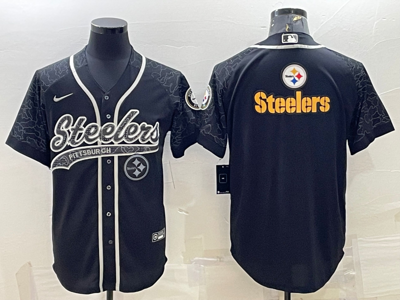 Pittsburgh Steelers Black Reflective Team Big Logo With Patch Cool Base Stitched Baseball Jersey - Zenithce
