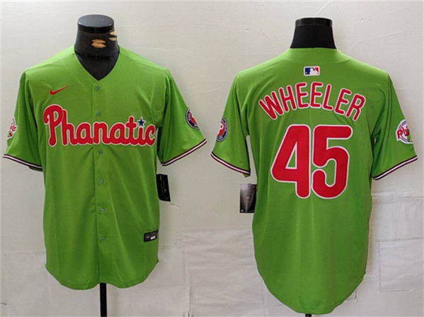 Philadelphia Phillies #45 Zack Wheeler Green With Patch Stitched Jersey - Zenithce