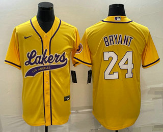 Los Angeles Lakers #24 Kobe Bryant Yellow With Patch Cool Base Stitched Baseball Jersey - Zenithce