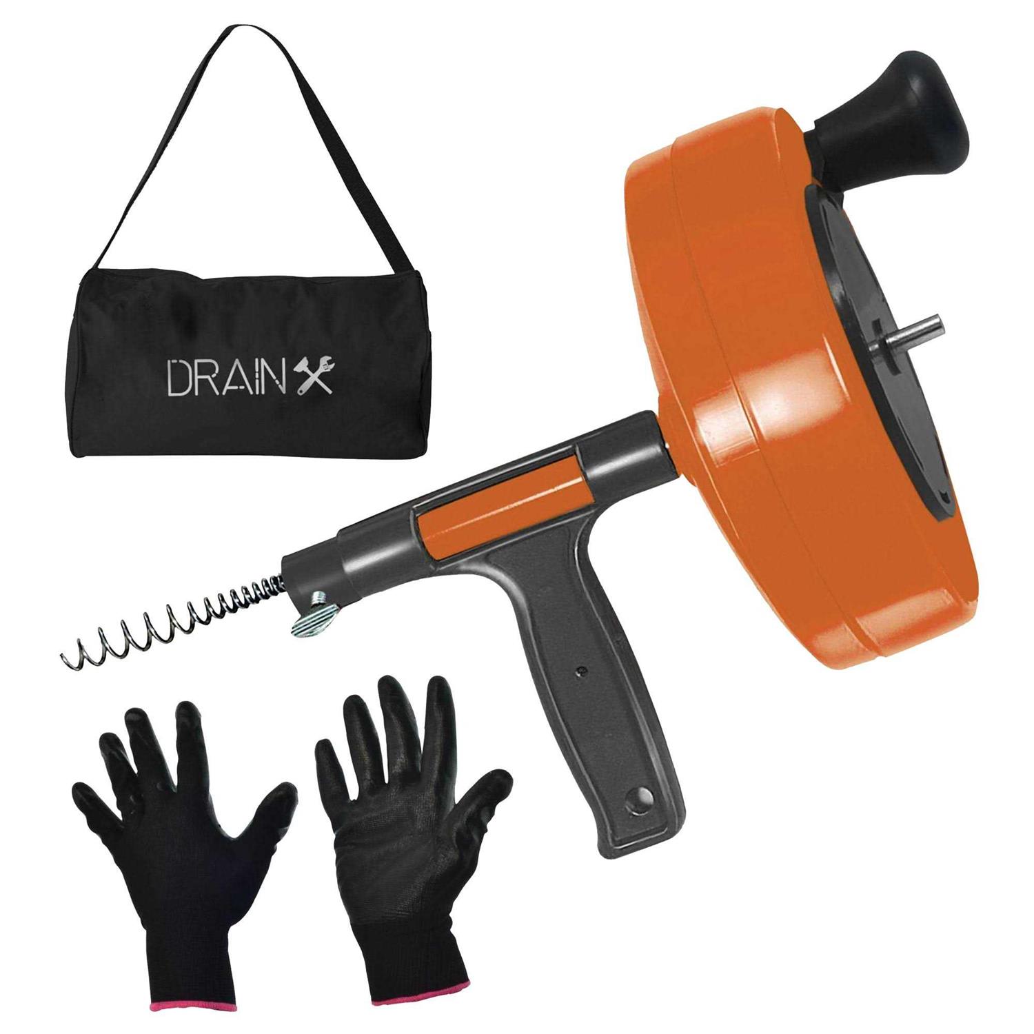 Drainx Heavy-Duty-Steel Pro Drum Drain Auger, 25 Ft., with Work Gloves and Carrying Pouch - Zenithce