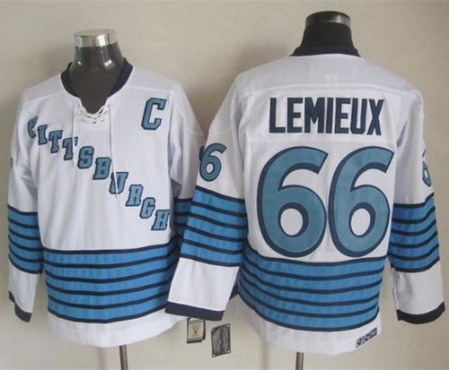 Penguins #66 Mario Lemieux White Light Blue CCM Throwback Stitched Jersey - Zenithce