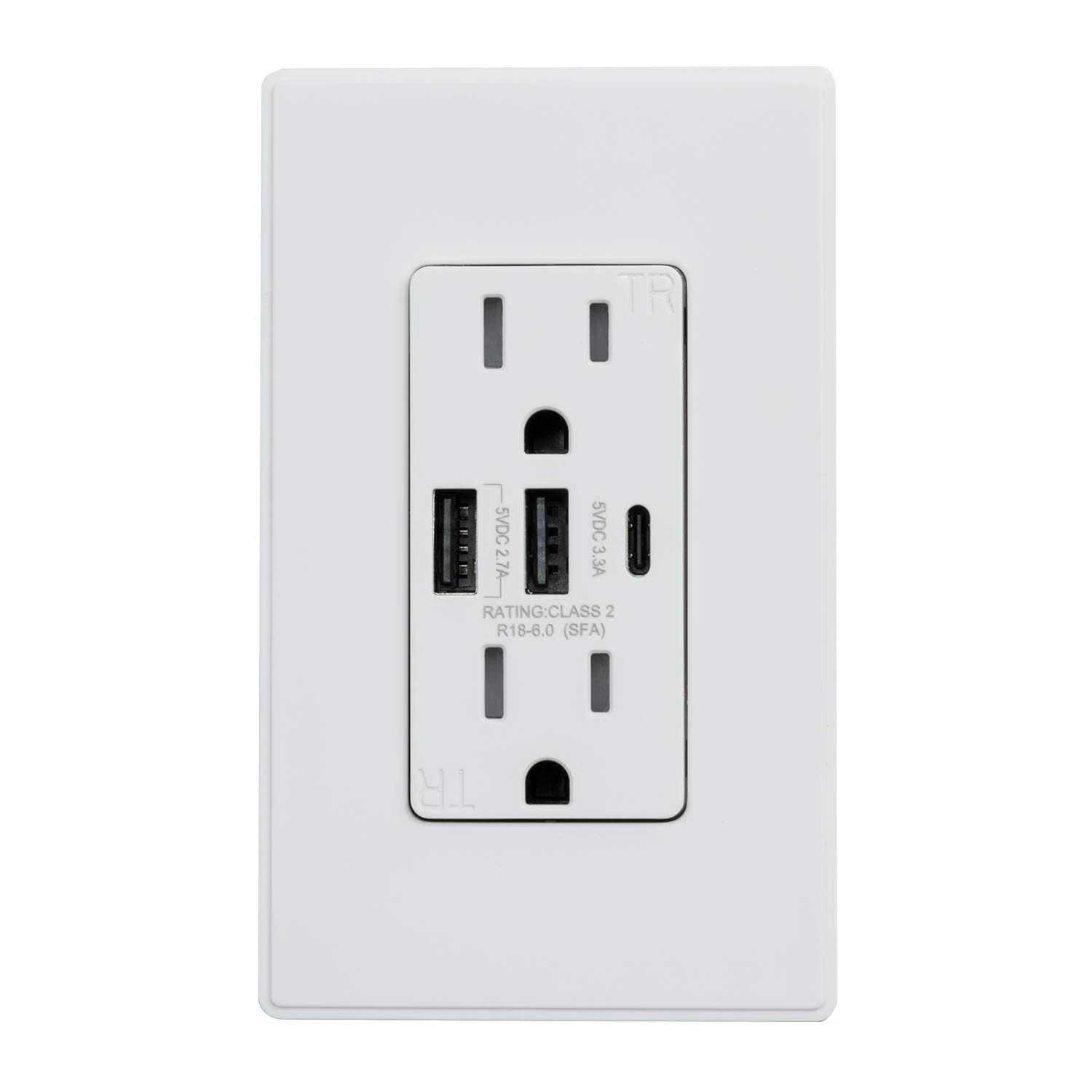 ELEGRP 30-Watt 15 Amp 3-Port Type C and Dual Type A USB Duplex Wall Outlet R1815D60AAC-WH6 - Zenithce