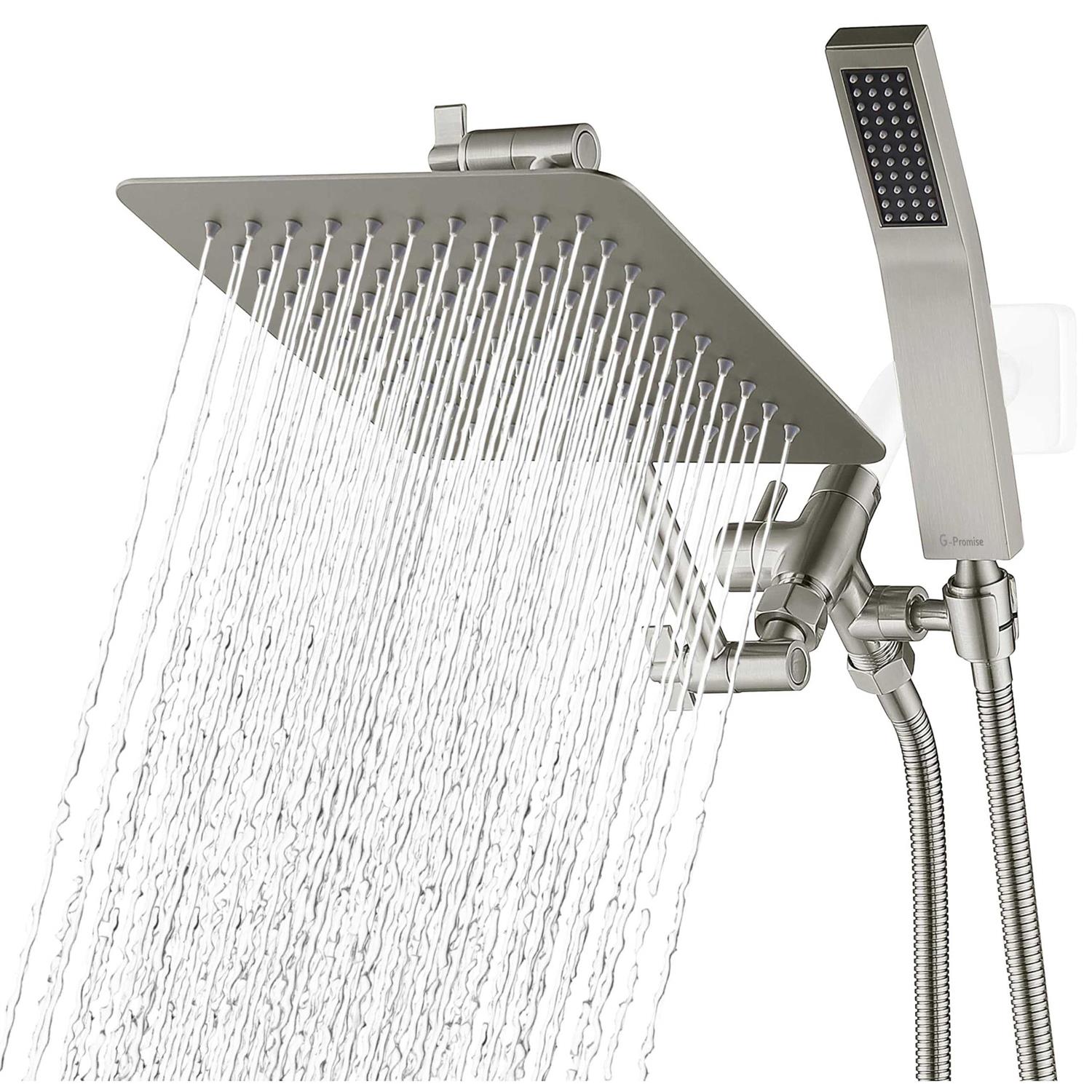 G-promise All Metal Dual Square Shower Head Combo 8 inch Rain Shower Head - Zenithce