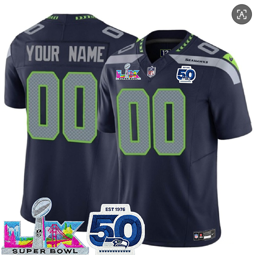 Seattle Seahawks Custom Navy 2025 F.U.S.E. Super Bowl LX Patch And 50th Season Patch Vapor Limited Stitched Jersey - Zenithce