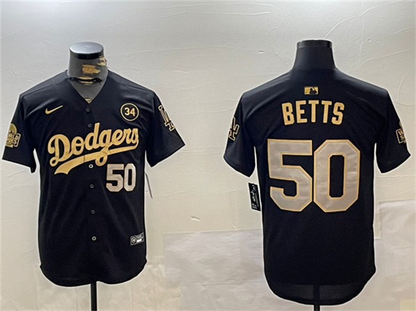 Los Angeles Dodgers #50 Mookie Betts Black Gold 2024 World Series With No. 34 Patch Limited Stitched Jersey - Zenithce