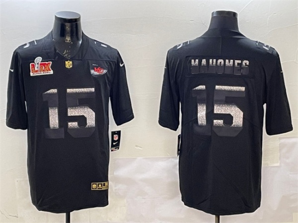 Kansas City Chiefs #15 Patrick Mahomes Black 2025 Super Bowl LIX Patch Shadow Vapor Limited Stitched Jersey - Zenithce