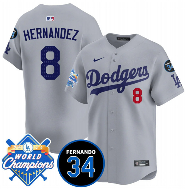Los Angeles Dodgers #8 Enrique Hernández Gray 2024 World Champions Fernando Memorial Patch Vapor Premier Limited Stitched Jersey - Zenithce