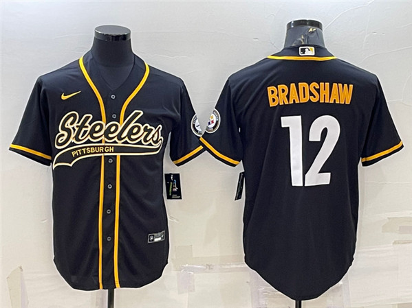 Pittsburgh Steelers #12 Terry Bradshaw Black With Patch Cool Base Stitched Baseball Baseball Jersey - Zenithce