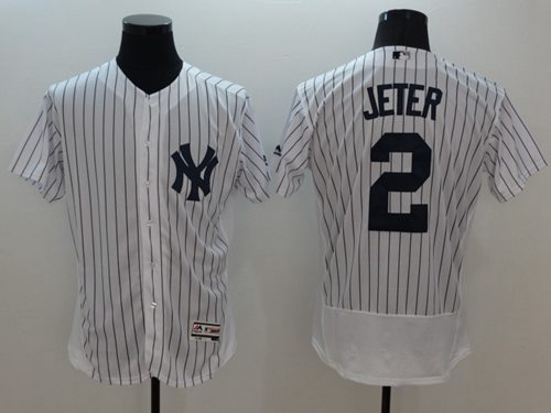 Yankees #2 Derek Jeter White Strip Flexbase Authentic Collection Name On Back Stitched Jersey - Zenithce