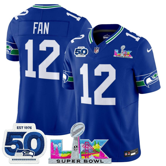 Seattle Seahawks #12 Fan Royal 2025 F.U.S.E. Super Bowl LX Patch And 50th Season Patch Vapor Throwback Limited Stitched Jersey - Zenithce