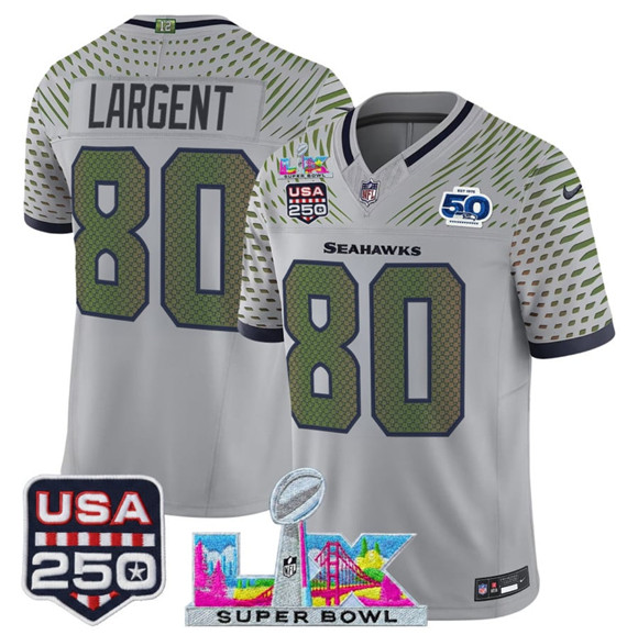 Seattle Seahawks #80 Steve Largent Gray 2025 F.U.S.E. Super Bowl LX US 250th anniversary Patch And 50th Season Patch “Rivalries” Vapor Limited Stitched Jersey - Zenithce