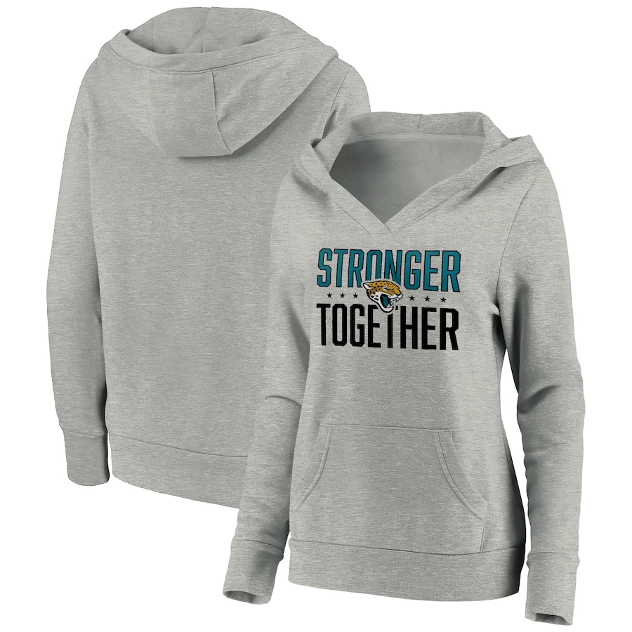 Women's Jacksonville Jaguars Heather Gray Stronger Together Crossover Neck Pullover Hoodie(Run Small) - Zenithce
