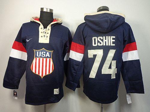 Team USA Olympics #74 T. J. Oshie Navy Blue Sawyer Hooded Sweatshirt Stitched Jersey - Zenithce